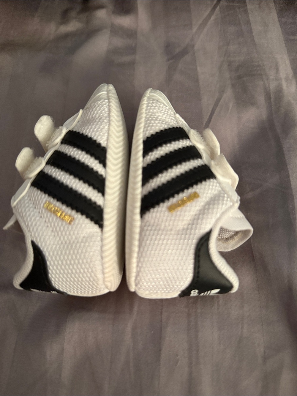 adidas Kids White Sneakers with Black Stripes and Gold Accent - Velcro - Picture 2 of 4